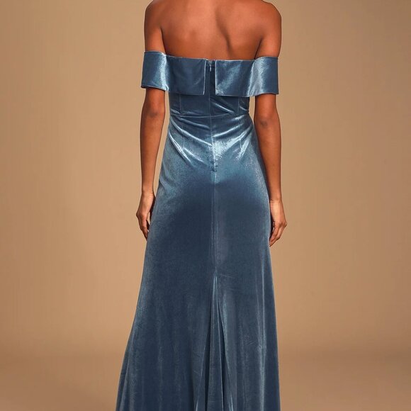 Lulu's Sweet Symphony Dusty Blue Velvet Off-the-Shoulder Maxi Dress Gown - Picture 2 of 9